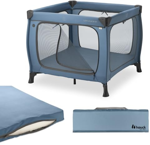 Hauck Sleep N Play SQ Set, Dark Blue - Reisebett & Laufstall mit Matratze ab Geburt bis 15 kg, Spielcenter mit XL-Durchschlupf, Luftige Netzeinsätze, Faltbares Baby Reisebett mit Transporttasche