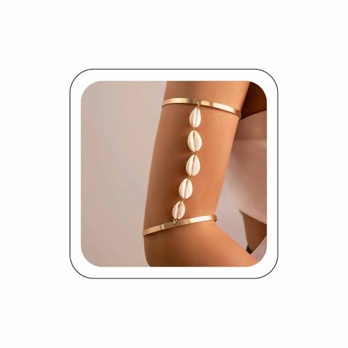 Wendalern Oro superior del brazo pulsera brazalete en capas de concha borla brazalete brazalete ajustable brazo abierto concha de mar cadena de brazo africano brazalete de joyería para las mujeres