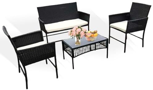 Holywarm Rattan Garden Furniture Set: 4-Piece Outdoor Patio Furniture Set with Table and Chairs, Garden Conversation Bistro Sofa Set for Yard, Pool, or Backyard (Black + Beige Cushions)