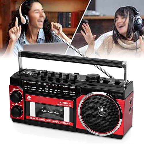 Boombox Classique Style RéTro AnnéEs 80, MagnéTophone Cassette, Lecteur Cassettes/Bluetooth/Carte Enfichable/Enregistrement, Compatible avec Bandes FréQuences FM/AM/SW Alimentation/Batterie,Red