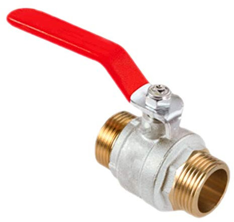 Kugelhahn 1 1/4 Zoll Außengewinde AG x AG DN32 Anschluss aus Messing vernickelt mit Stahlhebelgriff rot Druck PN25 Absperr Kugel Ventil Hahn Wasser Heizung Druckluft