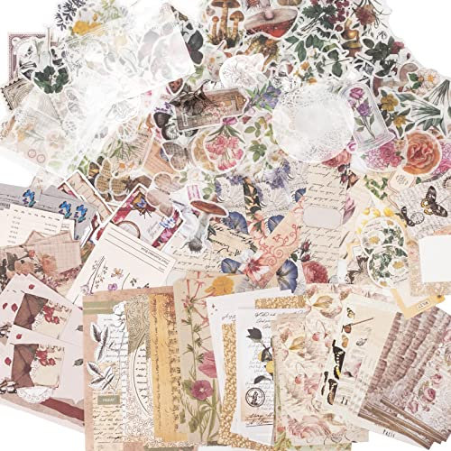 340 Stück Vintage Scrapbooking Sticker Papier Set Retro Blumen Aufkleber Washi Dekopapier Scrapbooking Zubehör für Journaling Supplies Blume-Schmetterling-Pilz…
