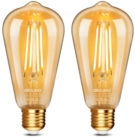DiCUNO Vintage Light Bulb E27 Edison Screw Bulb, 6W, Warm White 2200K, 2Pcs | Retro Amber Glass Lamp, 60W Equivalent, Non-dimmable, 600LM, ES LED Filament Lamp Squirrel Cage