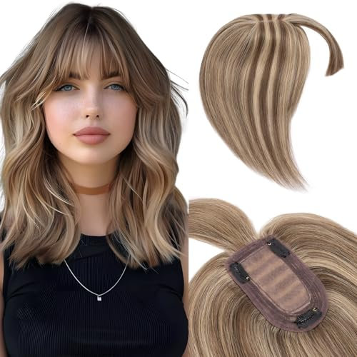 Elailite Hair Topper Echthaar, Clip in Toupet Damen mit Pony, Clip in Haarteil, Haartopper Basis 7x13cm, 35cm 44g #4P27 Mittelbraun/Honigblond
