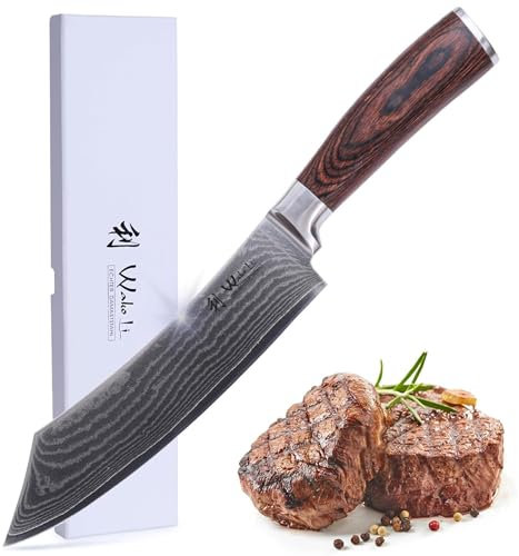 WAKOLI Edib Couteau BBQ et de boucher en Damas I Lame tranchante de 20 cm en acier damassé à 67 couches avec noyau VG10 et manche en bois de pakka I Couteau de cuisine professionnel & couteau damassé