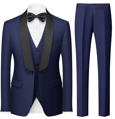 KUDORO Män kostymer 3 delar slim fit casual business smoking kostym för män klassisk blazer väst byxor set, Marinblått Xsp, M