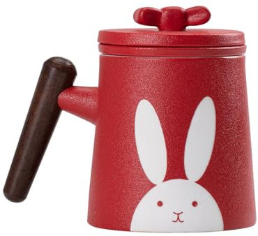 fanquare Keramiska temuggar röd kanin porslin tekopp med infusionslock trähandtag, tebryggmugg för bryggning lösa blad