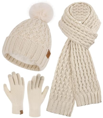 Bequemer Laden Mujeres Invierno Gorro Bufanda Larga Guantes Tactiles Conjunto de Punto Gorras Lana con Pompón Forro Polar Regalo Mujer