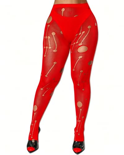 XIUSEMY Women Sexy Tights Fishnet Stockings Patterned Leggings Thigh-High Black Socks Lace Pantyhose(QG,Red)