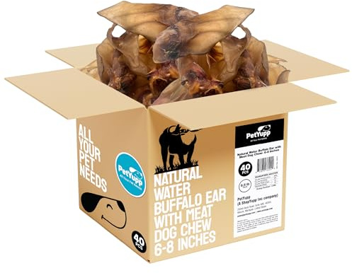 PetYupp Water Buffalo Ears for Dogs, Pack of 40 Beef Ears Bulk Treats - All Natural, Single Ingredients & Rawhide Alternative Dog Chews for Small, Medium & Large Dogs
