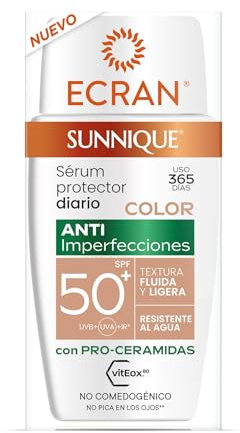 ECRAN Sunnique Sérum Anti-Imperfecciones - Protección Solar y Cuidado Facial - Sérum Facial Protector con Color - Unifica el Tono y Corrige Rojeces - Textura Ligera - Resistente al Agua - 40 ml