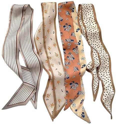 4 Stück Schmales Halstuch Damen Set, Modisches Satintuch für Handtaschen, Haare & Hals, Stilvolles Damen Tuch aus Satin als Haarschmuck oder Taschenhenkel Deko, Bohème-Stil für Alltag & Reisen（86 cm）