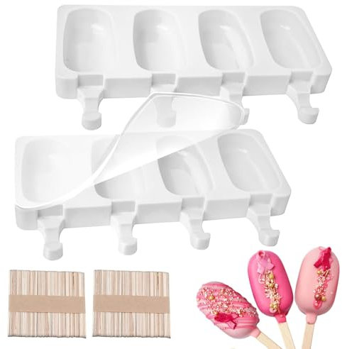 2 Pezzi Stampi Gelato con 100 Bastoncini Legno e Coperchio, 4 Cavità Stampo Ghiaccioli Silicone, Formine per Cioccolato Congelato Fai Te, Stampini Gelati Riutilizzabile per Bambini Adulti