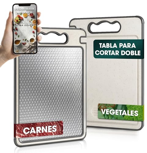 Tabla de Cortar Acero Inoxidable 36x25 cm - Tabla Acero Inoxidable + Polipropileno - Doble Cara Antibacteriana, Fácil de Limpiar, Duradera y Sin Olores, Ideal para Carne, Verduras y Uso Diario