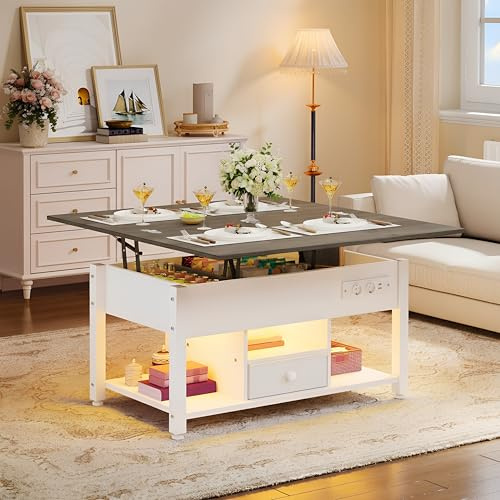 YITAHOME Mesa de Centro Elevable con LED RGB, 4 en 1 Mesa de Salón con Compartimento de Almacenamiento Oculto, Mesa de Café con USB y Enchufe para Salón Comedor, Fácil de Levantar, Blanco y Gris