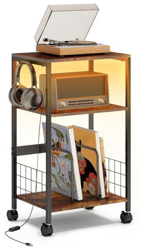 ARTETHYS Side Table, Record Player Stand with 3 Color LED Lights, Bedside Sofa Side Tables with Wheels for Living Room, Small End Table with 3 Tier Shelves, Vinyl Record Stand for Bedroom