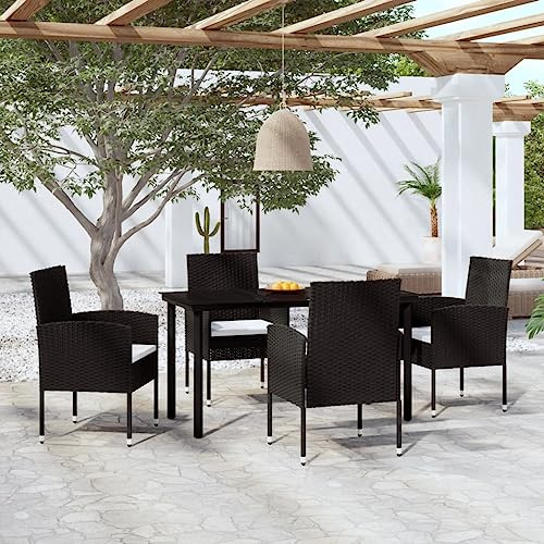 Qnhdfrt Gruppo da pranzo da giardino, nero, 140 x 70 cm, tavolo da pranzo e 4 sedie con cuscino in rattan PE per terrazza, balcone e giardino