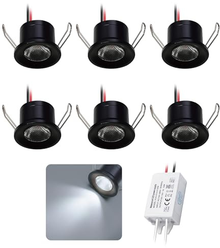 kpslucerna Mini Focos LED 2W 6uds DC 12V, IP65 Impermeable Foco Pequeño Empotrable Techo, 25mm Iluminación DIY para Muebles Cuadros Paredes Cocina Escaleras Vitrinas Pasillos (Negro Blanco Frío)