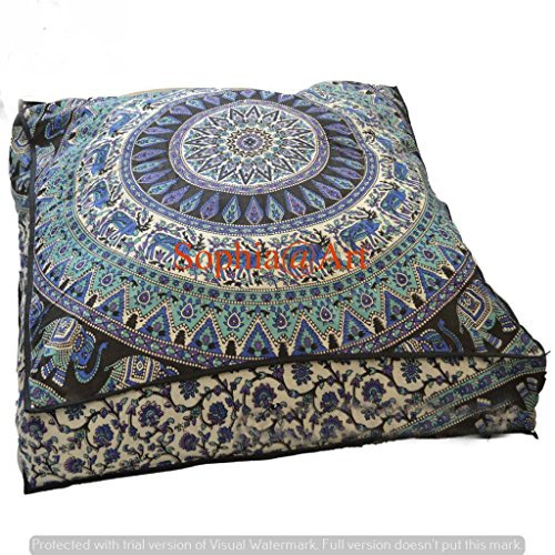 Indischer Psychedelischer Elefanten-Mandala-Bodenkissen, quadratischer Polsterhocker, Tagesbett, übergroßer Kissenbezug, für draußen, Sofa, Überwurf, große Bodenkissen, 8,9 cm (Multi 2)