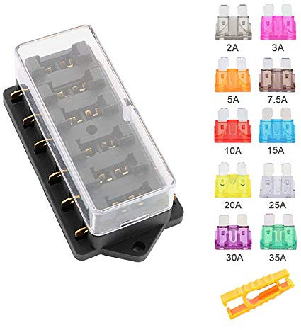 Aiqeer KFZ 6-Fach Sicherungshalter, 12V / 24V / 32V / 48V Universal Standard Blade Sicherungskasten, Sicherungsdose, Sicherungsblock, mit Feuchtigkeitsgeschützter Abdeckung und 10Pcs Flachsicherung