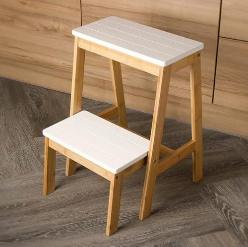 Wooden Step Stool 2 Step, Lightweight Step Stool with Widened Platform Folding Foldable Foldaway Household Step-Ladder for Kitchen Wood Finish