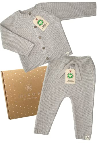 DIKOS® Baby stickset – varm grå | babykläder av 100 % ekologisk bomull | nyfödd outfit | stickad hudvänlig | kofta med byxor | baby första utrustning gåva till födseln, Varm grå, 56
