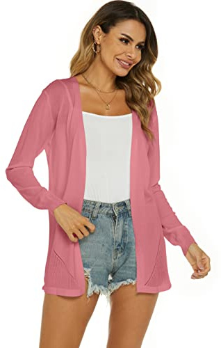 Ietaoo Cardigan Lungo Donna Elegante Manica Lunga Giacca Cardigan Casual Maglia Cappotto Leggero Aperto Davanti Cardigan per Estivo Primavera Rosa XL