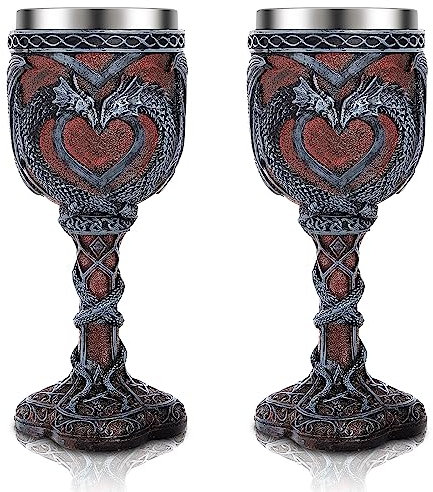 Jinei 2 copas medievales y copas de vino de dragón, copa de cáliz, copa de resina de 7 onzas, copa de vino gótica, copa de vino romántica de acero inoxidable para decoraciones de fiesta medieval