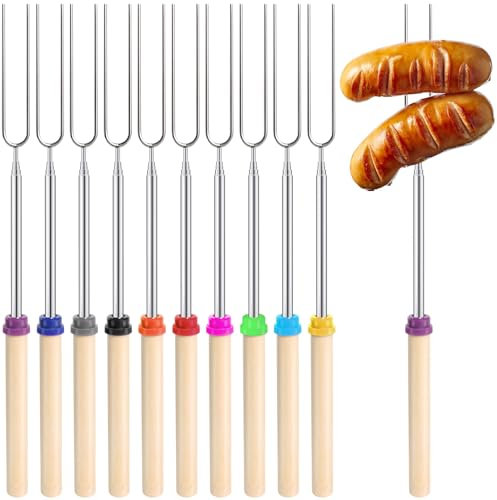 Piymnys 10 Stück Grillspieße Lagerfeuer Teleskop Marshmallow Stockbrot Stöcke Grillspieße Ausziehbar Edelstahl BBQ Stockbrot Spieße Lagerfeuer Spieße Lang Roasting Sticks Camping Grill,Gartenparty
