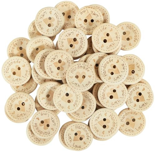 50 pcs Handmade Wooden Buttons 25mm Round Handmade with Love Wood Buttons Decorative Button for Sewing and Crafting Stocking DIY Handmade Gifts Decor