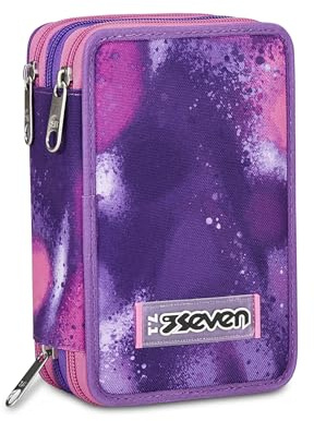 Seven Astuccio Scuola Elementare, 3 scomparti, Medie, con Matite, Pennarelli, Penne, 3 Zip, Bubble Street, Bambina, Ragazza, viola/lilla