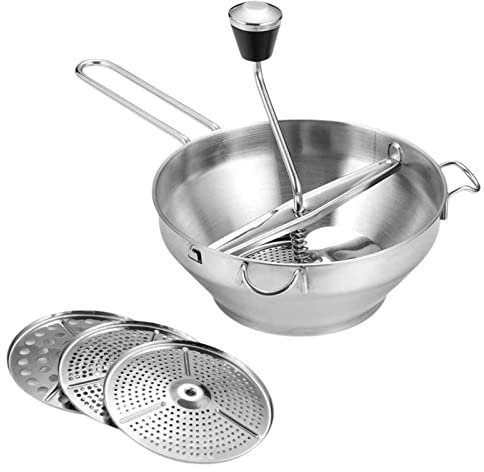 Moulin Alimentaire à manivelle - Moulin à légumes - avec poignée Confortable - Manivelle - en Acier Inoxydable - avec Trois Plateaux de broyage - Moulin Alimentaire de Cuisine pour la purée