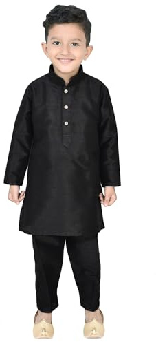 Desi Sarees Boys Plain Raw Silk Fancy Button Kurta Trouser Shalwar Kameez Wedding 982 (UK, Age, 11 Years, Regular, Black)