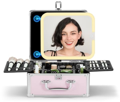 OMIRO Makeup Box with Led Mirror, Portable Beauty Cosmetic Organizer Case with Detachable Magnetic Lighted Mirror for Travel (Pink Diamond)