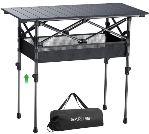 GARLLEN Folding Camping Table Max Capacity 100 lbs, 2-Height Adjustable Roll-up Folding Table with Storage Net, Portable Aluminum Travel Table with Carrying Bag for BBQ, Picnic, 32.2 L x 15.7 W