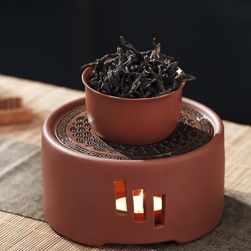 QSLKI Teapot Warmer Ceramic, Brown vertical pattern, Tea Light Warmer, Tea Warmer with 3 Candles, Candle Heater for Heating Tea, Coffee and Milk, Universal Teapot Heater, Teapot Warmer