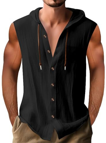 Soldes Chemise Lin Homme Slim Fit Couleur Uni Henley Shirts Casual Chemise Blanche Hommes sans Manches Chemises en Lin Homme Été à Capuche Haut Blouse Boutonnés Hoodie Cordon De Serrage Pas Cher