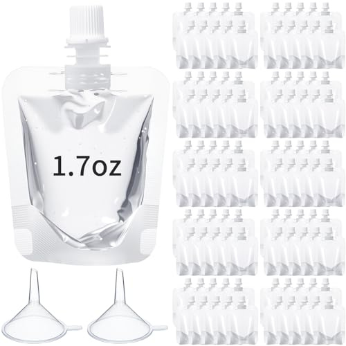 Seeloowy 100 Pcs Plastic Pouches Bulk Clear Juice Bags Squeeze Pouches Plastic Leak Proof Bags with Funnel for Party Favors (1.7 oz)