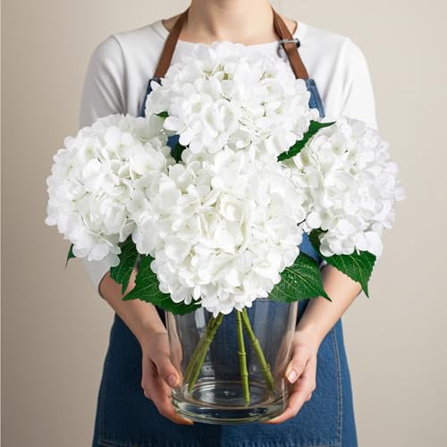 Auihiay 4PCS Hydrangea Artificial Flowers for Outdoors and Indoor, 21 White Flowers, Faux Silk Hydrangeas with Long Stem & Leaves for Garden, Porch, Home Decor, Living Room Arrangements