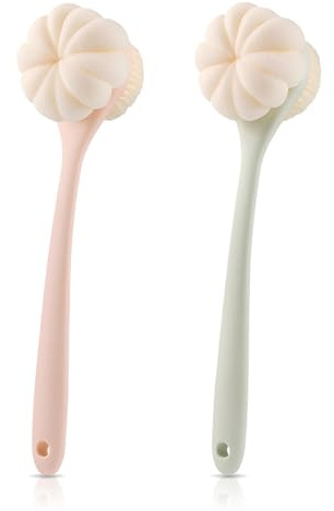 2 cepillos de ducha de 41 cm de largo con mango largo, cepillo de ducha de doble cara, cepillo de espalda, cepillo corporal, se puede utilizar para exfoliación, también incluye esponja de ducha (rosa