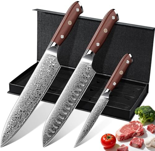 Purple Dragon Damascus Knife Set - 3 PCS Kitchen Knife Set - VG10 Steel Japanese Chef Knives 8 Inch Santoku Knives 7 Inch Paring Knives 5 Inch-Christmas Gift for Men and Women