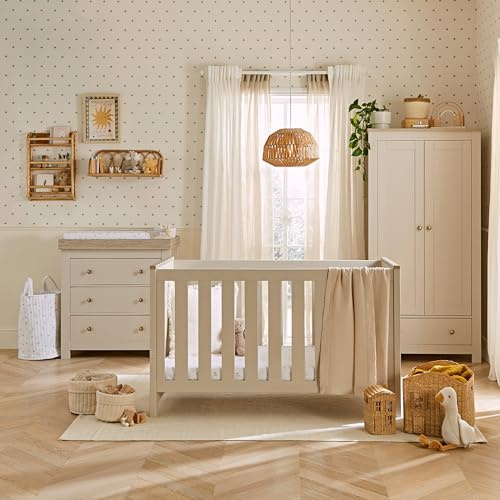 CuddleCo Luna Nursery Furniture Set in Cashmere & Ash | Convertible Baby Cot Bed, Baby Changing Table with Drawers and Kids Wardrobe Set (3pc)