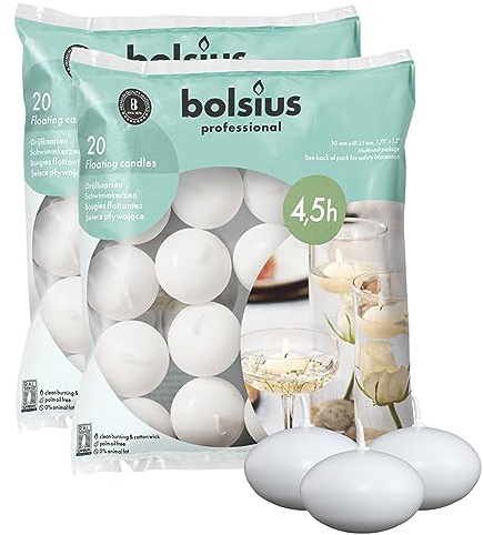 Bolsius Unscented 1.75 Floating Candles – Set of 40 White Floating Candles – Cute and Elegant Burning Candles – Candles with Nice and Smooth Flame – Party Accessories