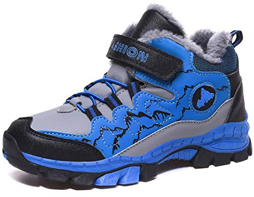 ZYLDK Kids Winter Snow Walking Shoes Water Warm Lining Hiking Boots Resistant Boys and Girls Trainers Black&Blue 3.5 UK