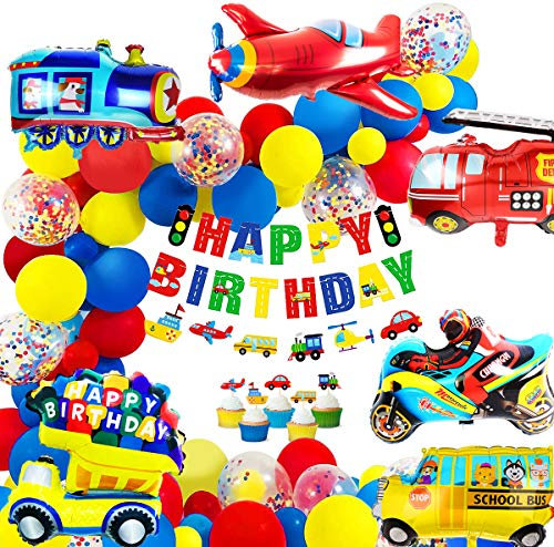 iZoeL Birthday Decoration for boys Happy Birthday Banner Cars School Bus Train Fire Truck Motorcycle Plane Balloons Transport Vehicles Cake Topper Kids 1st 2nd 3rd 4th