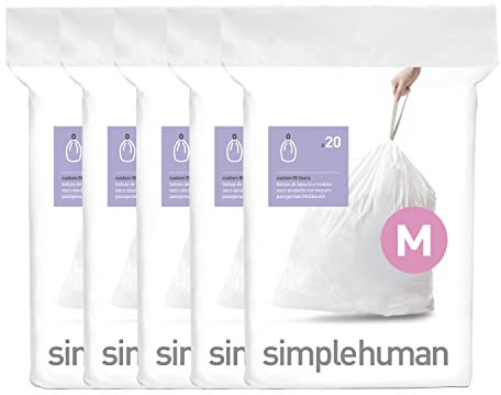 simplehuman Code M 100 Liners, 50% Recycled Custom Fit Bin Bags in Dispenser Packs with Durable Drawstring Tie Handle, 45L, White