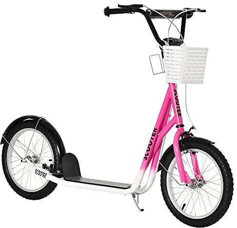 HOMCOM Kids Scooter, Kick Stunt Scooter with Adjustable Handlebar, Dual Brakes, Basket, Cupholder, Mudguard, 16 Inflatable Rubber Wheels, for 5-12 years, Pink