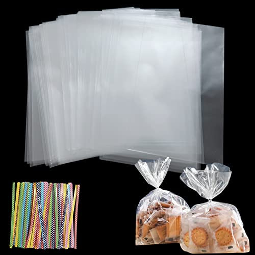 150 Stück transparente Zellophantüten, 25 x 15 cm Cellophantüten mit 150 metallischen Bändern, plastiktüten, kekstüten transparent, für Partytüten Kindergeburtstag Gastgeschenke, Polypropylen (PP)