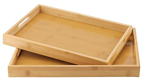 MANCHAP Lot de 2 plateaux de service rectangulaires en bois de bambou avec poignées pour manger, petit déjeuner, thé, café