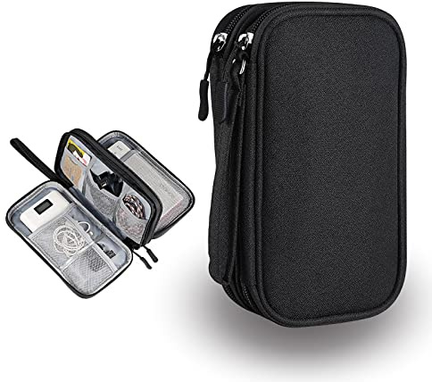 ACONDE Elektronisk Väska Organizer, Kabelväska, Dubbelskikt Universal Kabel Etui Elektronik Tillbehör, för Mobiltelefon, Laddare, Powerbank, svart, 21 x 12,5 x 6 cm, resväska